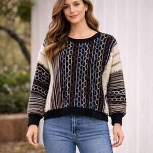 Vintage 80s Maori Bee 3D Texture Fuzzy Knit Sweater Black White Dolman Sleeve L